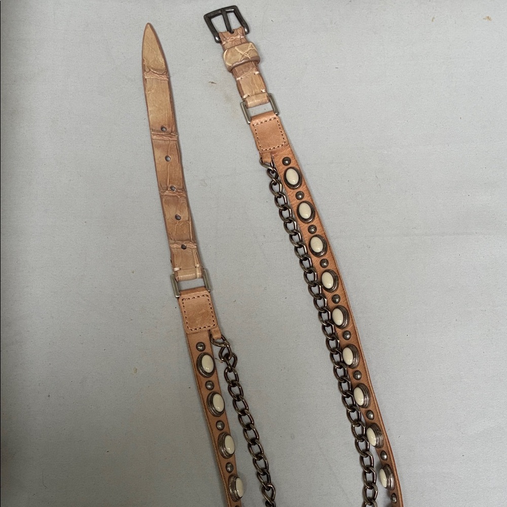 Tan Leather Chain-Detail Women's Belt